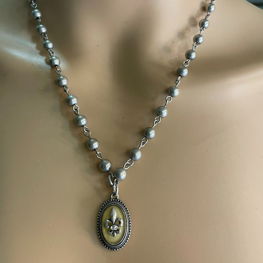 Metal charcoal beaded Feur de Lis necklace and earrings set